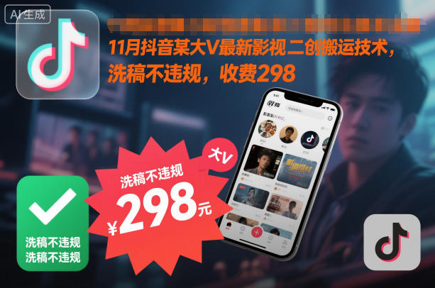 11月抖音某大V最新影视二创搬运技术，洗稿不违规，收费298-小优资源网