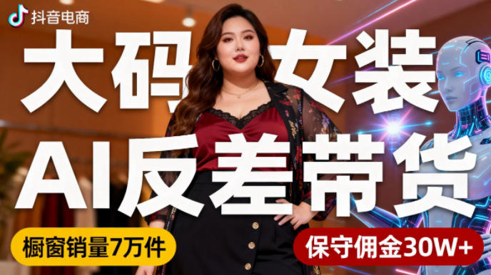 抖音小众赛道，大码女装AI反差带货，不用直播，每天6条作品，橱窗卖7万件，保守佣金30W+-小优资源网