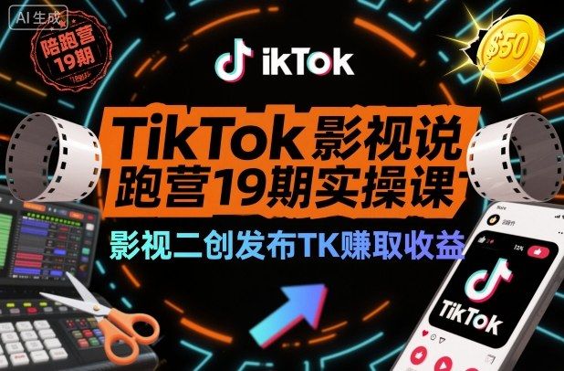 TikTok影视解说陪跑营19期实操课，影视二创发布TK賺取收益，万播收益50美金-小优资源网