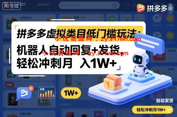 拼多多虚拟类目低门槛玩法：机器人自动回复+发货，轻松冲刺月入1W+-小优资源网