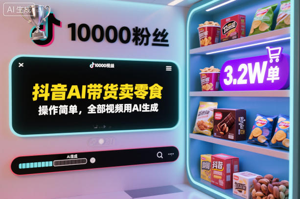 抖音AI带货卖零食，操作简单，全部视频用AI生成，一万粉丝，卖了3.2W单-小优资源网