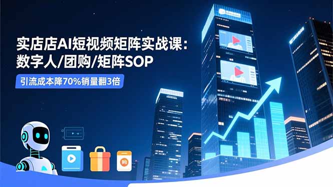 实体店AI短视频矩阵实战课：数字人/团购/矩阵SOP，引流成本降70%销量翻3倍-小优资源网