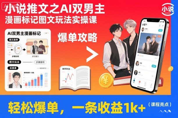 小说推文之AI双男主漫画标记图文玩法实操课，轻松爆单，一条收益1k+-小优资源网