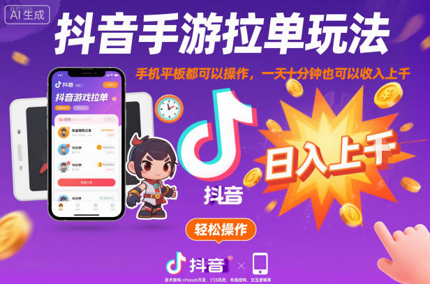 抖音手游拉单玩法，手机平板都可以操作，一天十分钟也可以收入上K【揭秘】-小优资源网