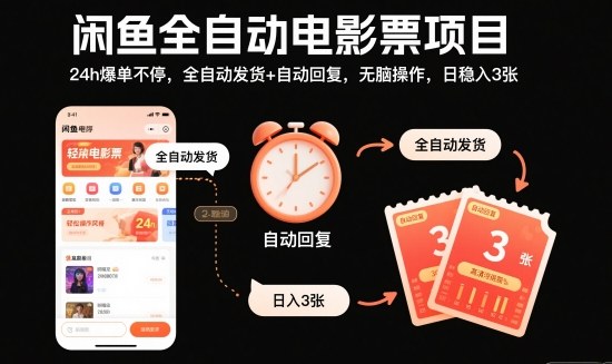 闲鱼全自动电影票项目，24h爆单不停，全自动发货+自动回复，无脑操作，日稳入3张【揭秘】-小优资源网