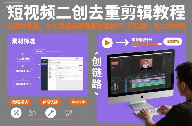 短视频二创去重剪辑教程，从素材筛选、AI工具运用到智能去重技巧，打造独一无二的内容-小优资源网