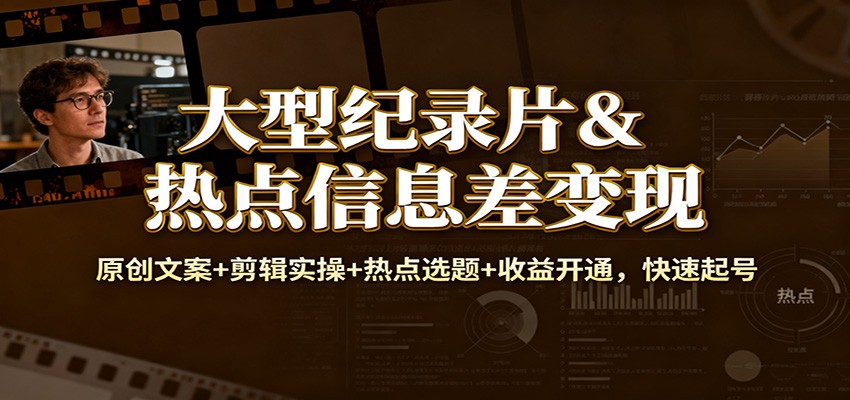 大型纪录片&热点信息差变现：原创文案+剪辑实操+热点选题+收益开通，快速起号-小优资源网