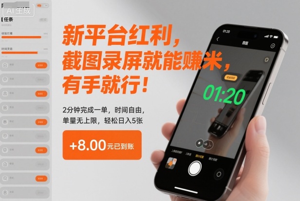 新平台红利，截图录屏就能賺米，有手就行！2分钟完成一单，时间自由，单量无上限，轻松日入5张【揭秘】-小优资源网