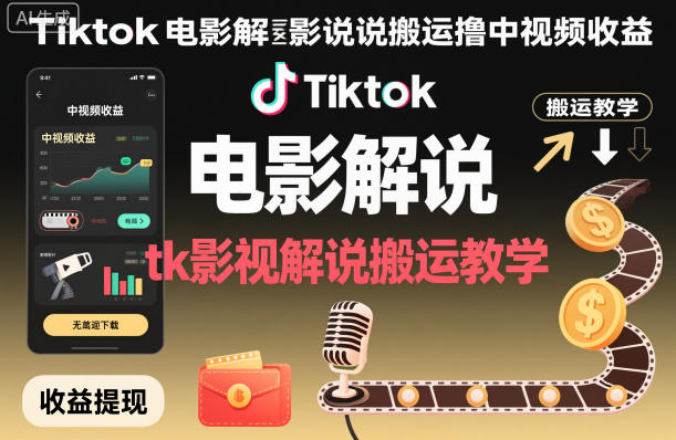 Tiktok电影解说搬运撸中视频收益，tk影视解说搬运教学-小优资源网